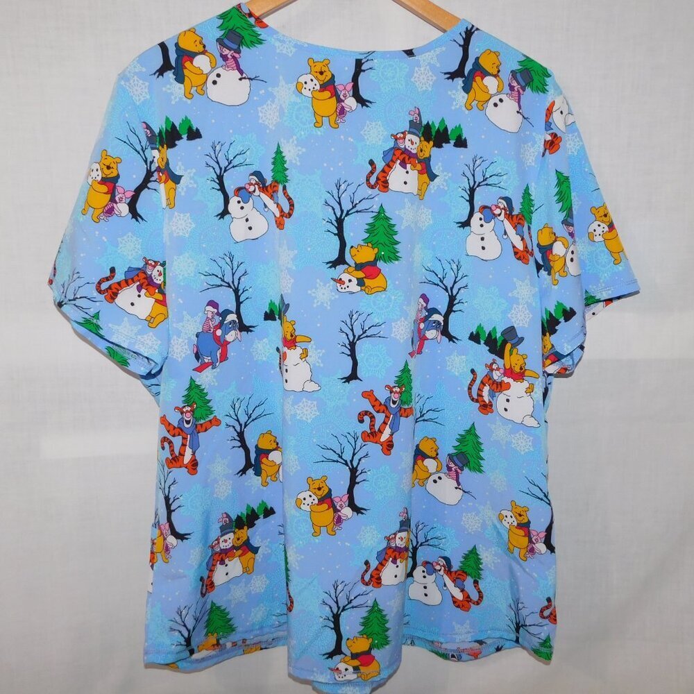 Disney Winnie the Pooh & Friends Winter blue Theme Snowman Scrub Top Womens 2XL - Picture 8 of 10